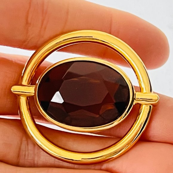 Vintage Luxurious 18K Gold Plated Large Faceted Smoky Topaz Glass Round Brooch - Picture 1 of 7
